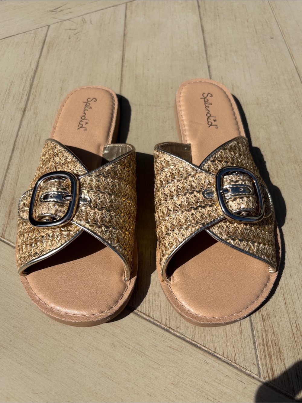 SPLENDID Gold Braided Raffia Buckle Slide Sandals for Women Size 7